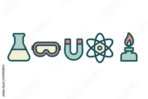 Basic chemistry and physics laboratory equipment icons set