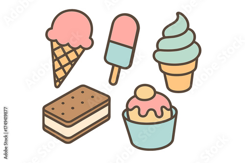 Cute pastel assortment of frozen dessert icons and sweet treats