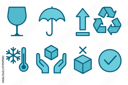 Blue pictogram icons for shipping and handling instructions on packages