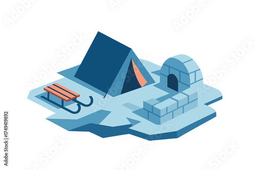 Isometric arctic camp with tent and igloo on ice floe