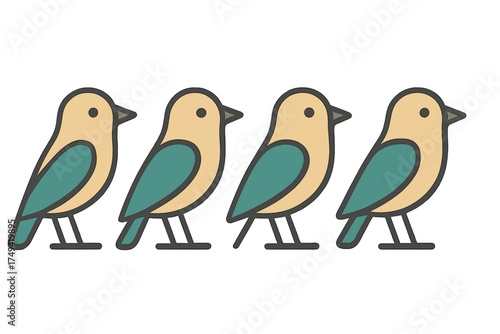 Four stylized small birds with beige bodies and teal wings standing in a row
