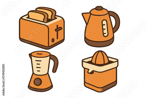 Isometric set of orange kitchen small appliances: toaster, kettle, blender, and juicer