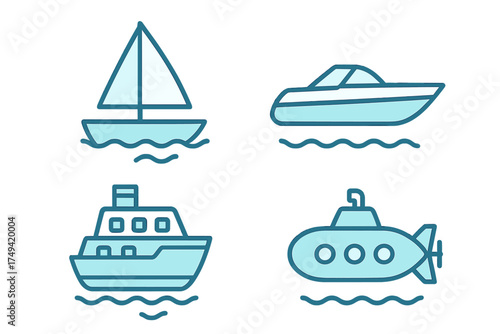 Four simple icons of water transport vehicles: sailboat, motorboat, ship, and submarine