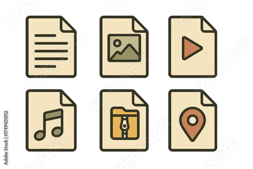 Six different document file type icons displayed on sheets