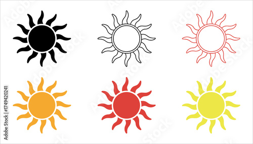 Sun Icon Vector Set Bright Sunshine Symbols, Abstract Sun Shapes, Summer Design Elements, and Sun Logo Illustrations