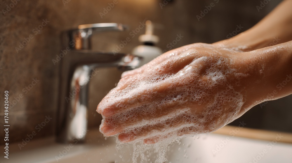 Fototapeta premium Hands washing with soap at bathroom sink in modern setting, concept represents cleaning or personal care