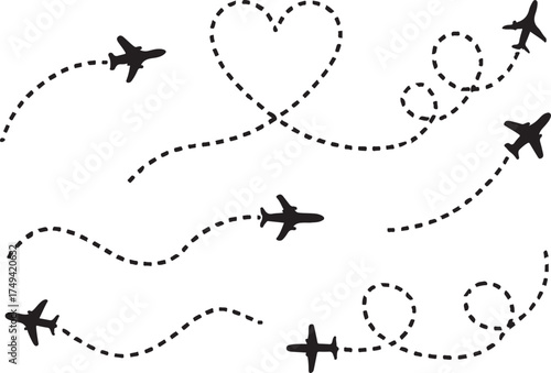 Airplane icon set flight and travel transport symbols with line trace design, aviation vector illustration for trip and tourism concept EPS