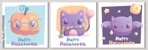 A set of Halloween greeting card designs. A cute cat in a striped scarf, a bat, a pumpkin with glasses. Isolated vector illustration for the design of postcards, cards, posters, banners, invitations