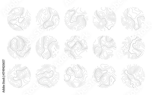 Set rings of topographic line map, circular geographic grid map. Tree ring clipart, vector logo wood ring. Editable stroke map in view rings, circular topographic map landscape. Black white landscape