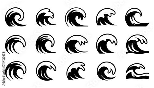 Ocean Wave Vector Set Water Splash Icons, Sea Wave Symbols, and Surf Design Elements for Logo and Decoration.