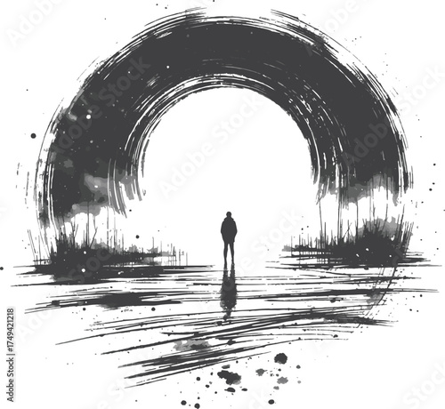 : A lone silhouette stands on stylized waves, facing a bold circular sun in a stark monochrome setting. The image conveys solitude, mystery, and contemplative calm.