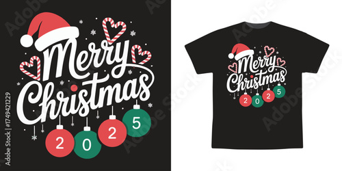 Merry Christmas 2025 Vector Illustration with Santa Hat, Candy Canes, Hearts, and Hanging Ornaments – Festive Holiday Design