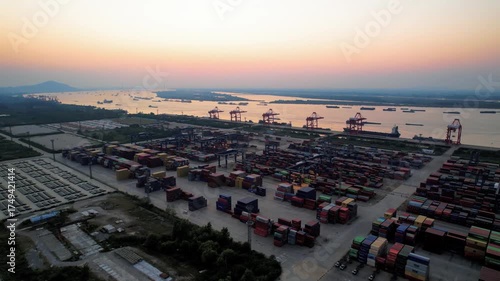 Aerial View Longtan Port Container Terminal Yangtze River Nanjing China Sunset Logistics Photography