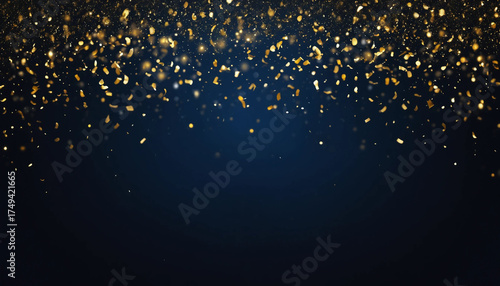 Fond bleu nuit avec paillettes dorées et confettis lumineux pour les fêtes, nouvel an, Noël, célébration, félicitations.