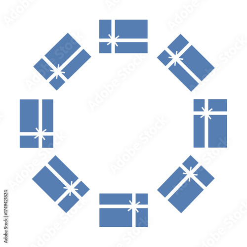 Round holiday frame with  beautiful blue gift and white ribbon. Happy birthday, Christmas, New Year. Flat vector design.