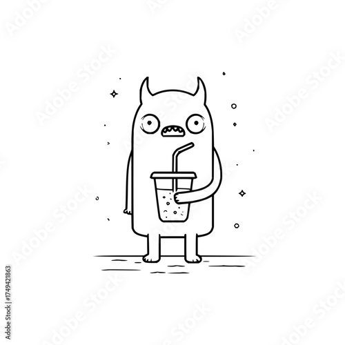 Cartoon monster with horns drinking from a plastic cup with a straw in black and white outline style
