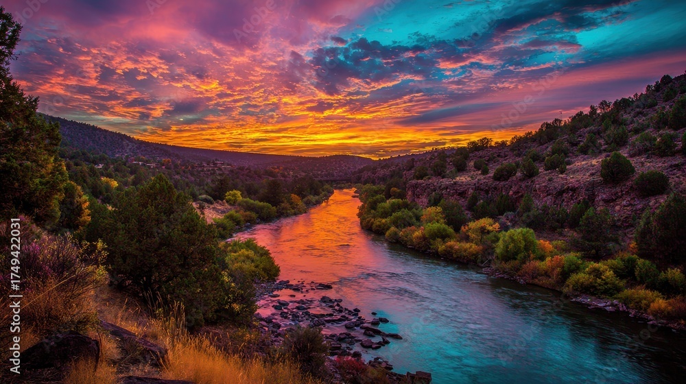 Naklejka premium Los Alamos New Mexico. Colorful Sunrise Over Rio Grande in the Land of Enchantment