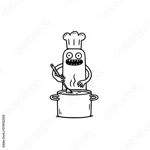 Cartoon chef monster stirring a pot of food with a spoon wearing a chef hat in black and white style