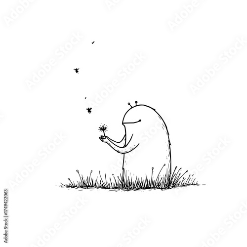 A whimsical creature in a field holding a dandelion as tiny insects flit around it in black and white