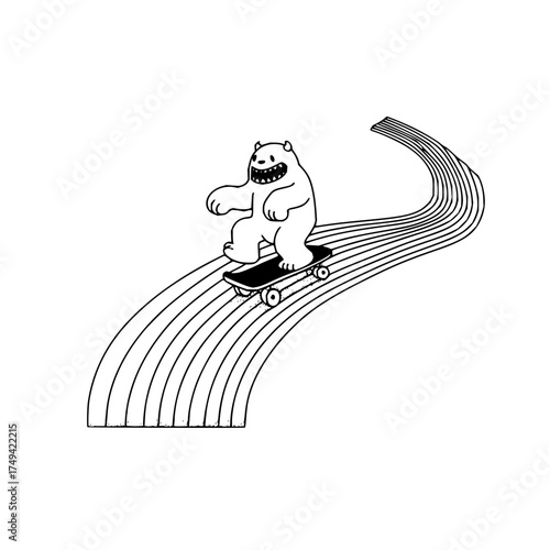 Cartoon monster character riding a skateboard on a road made of parallel lines in black and white style