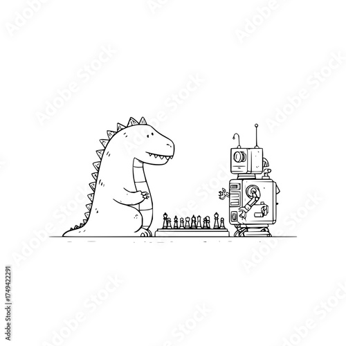 A dinosaur and a robot are playing chess on a chessboard in a black and white line drawing style image