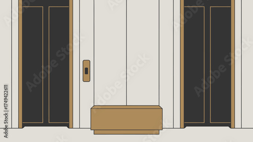 A minimalist illustration of two elevators with a bench in the center of the hallway area space
