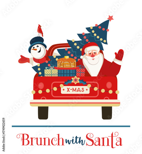 Brunch with Santa Festive Holiday comic vector poster. Santa deliver pancakes by red truck. Funny breakfast Christmas kids enjoy. New Year eve festive menu invitation background cartoon illustration