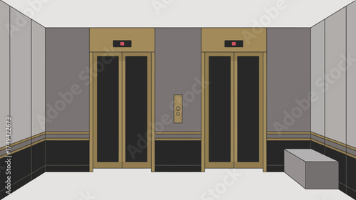 A drawing of an elevator lobby with two elevators and a bench in a gray and black color scheme