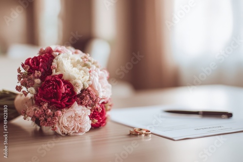 Elegant wedding bouquet, gold rings, and marriage document on wooden table