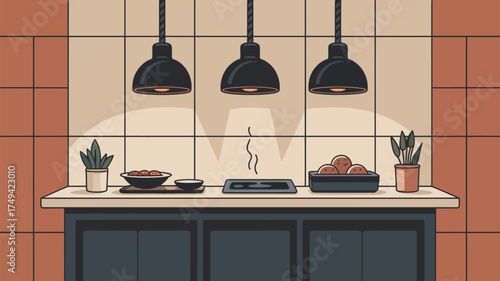 A kitchen scene with three pendant lights above a counter with food and plants illustration