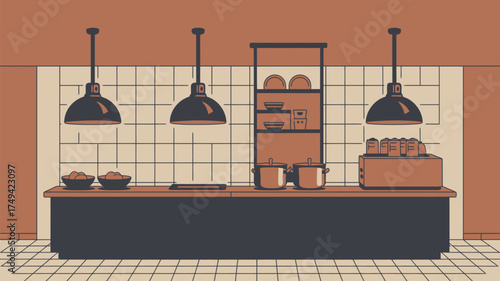 A stylized kitchen interior featuring a counter, shelves, and hanging lamps in a cartoon style