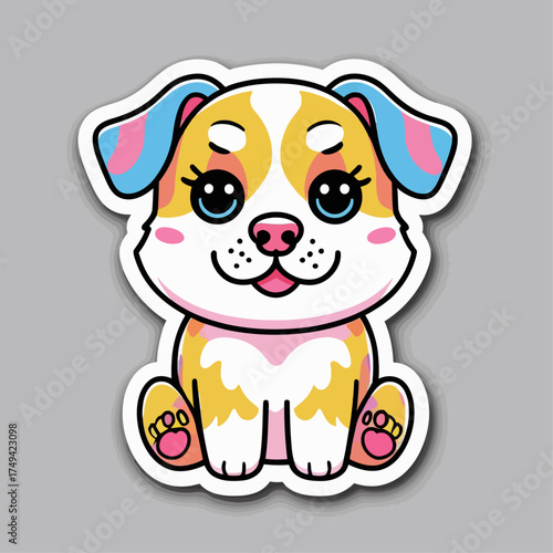 A vibrant kawaii chibi-style dog sticker with a thick white outline