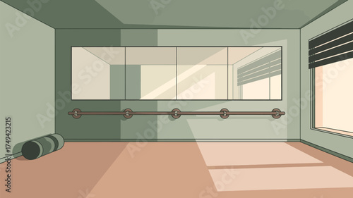 A yoga studio with a barre and mirrors and a mat on the floor near the wall and a window with blinds