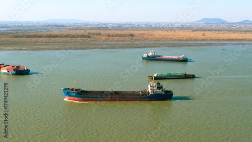 Aerial View of Cargo Ships on Yangtze River Near Nanjing China Commercial Transportation