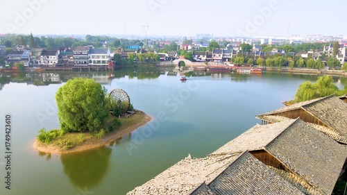 Aerial View of Ancient Jingxiang Town with Traditional Architecture and Lake, Hunan Province, China