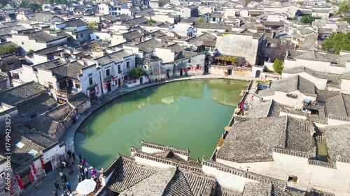 Hongcun Village Moon Pond Aerial View - Traditional Chinese Architecture and Scenic Water Feature in Anhui Province