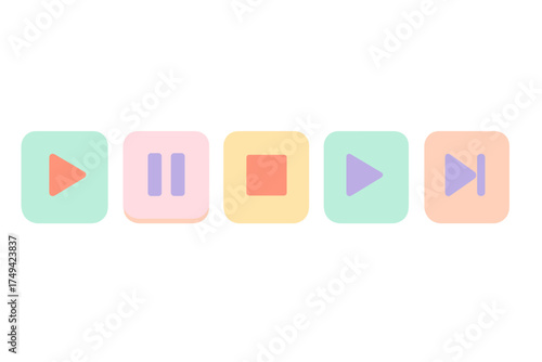 Pastel colored media player control buttons set with play pause stop icons