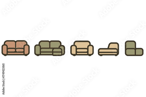 Collection of upholstered furniture icons featuring sofas and armchairs
