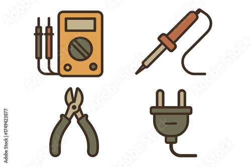 Electronic repair and electrical tools icons: multimeter, soldering iron, pliers, and power plug