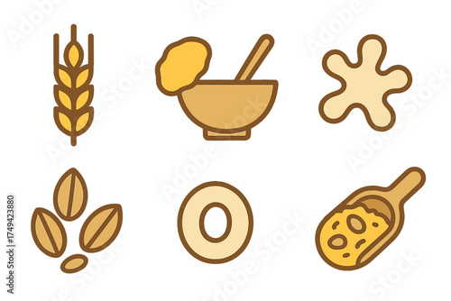 Cereal grain and flour processing icons in warm color palette