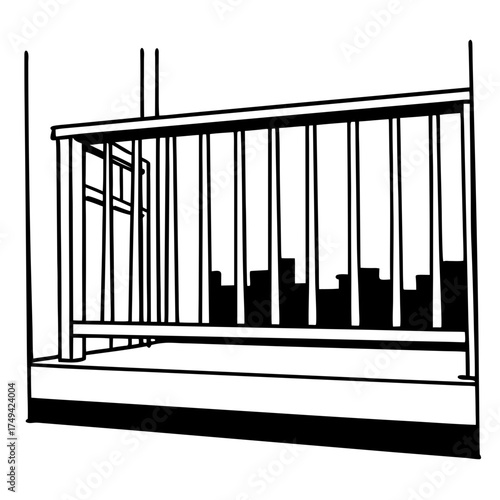 Balcony railing with city skyline in minimalist black and white style  