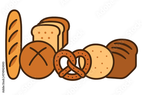 Assortment of baked goods including baguette loaf roll and pretzel