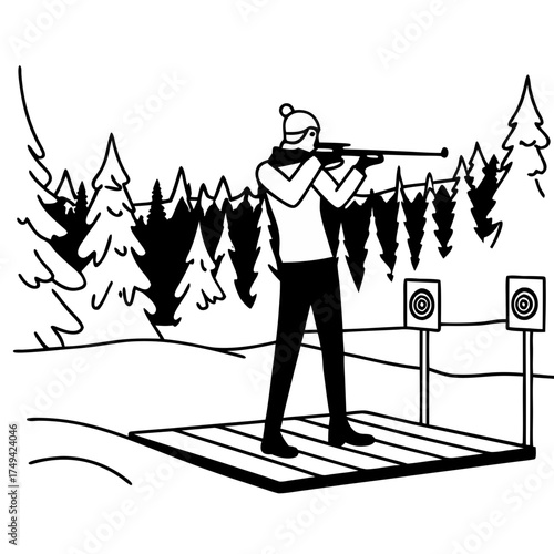 Man aiming with rifle at shooting range amid forest background  