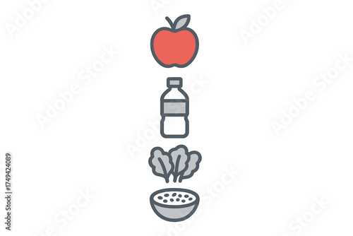 Healthy food and drink icons arranged vertically for diet concept