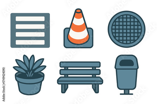 Collection of essential urban and park object icons for city planning