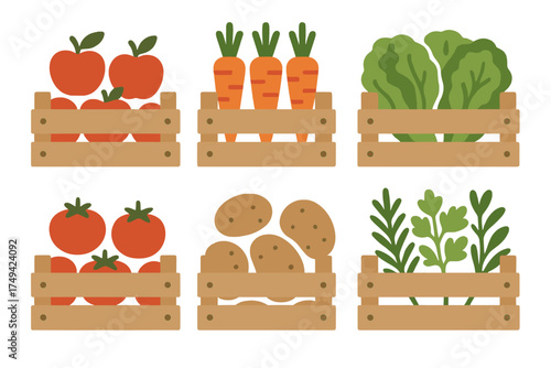 Assortment of fresh produce displayed in wooden crates and boxes