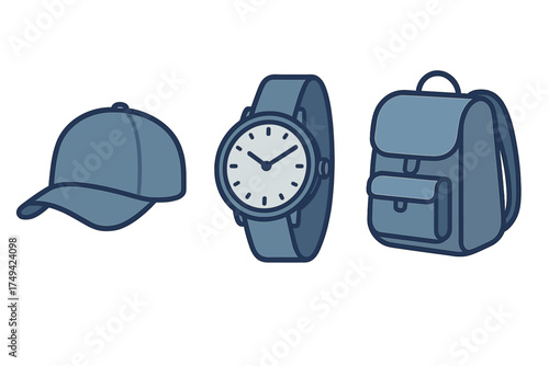 Casual accessories set featuring baseball cap, wristwatch, and backpack