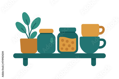 Floating shelf display with potted plant and stacked ceramic cups