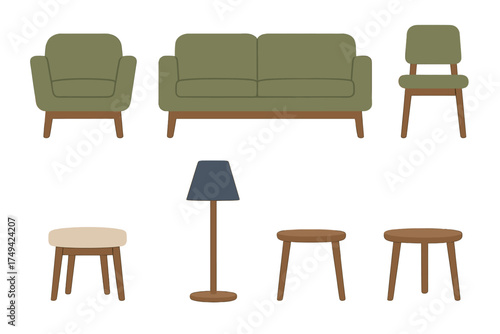 Mid-century modern living room furniture set with armchair sofa and side tables