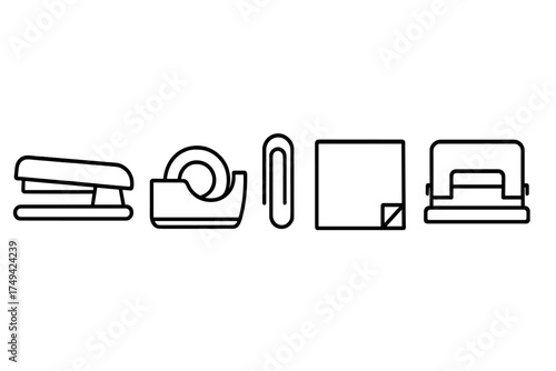 Black line icons representing office and stationery supplies
